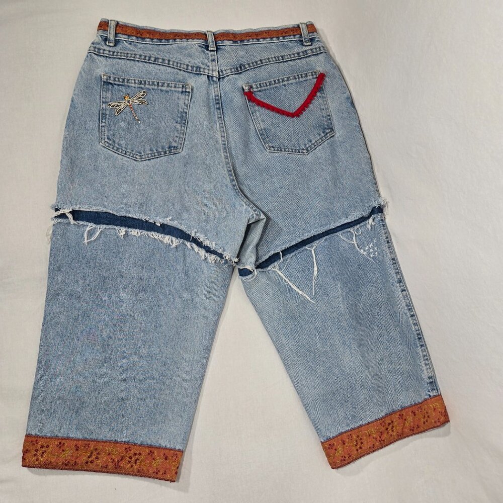 VINTAGE 90s UPCYCLE Handmade Patchwork Super Girly BOHO Baggy Capri Jean Size 12 - Picture 5 of 17